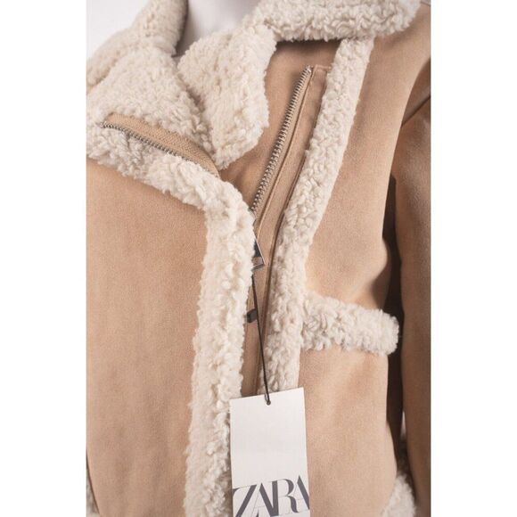 Zara Womans Jacket Coat XS Tan Faux Suede Faux Sherpa Double Face 6318/242 NWT - Picture 4 of 6